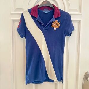 Vintage Ralph Lauren Navy Rugby Polo w/ Cream Diagonal Sash and Burgundy Collar